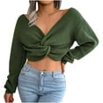 thumbnail image 1 of 2025 Womens Sexy Sweaters Twist Knot Front Crop Tops Solid Casual Long Sleeve Knit Sweater V Neck Cropped Sweater, 1 of 5