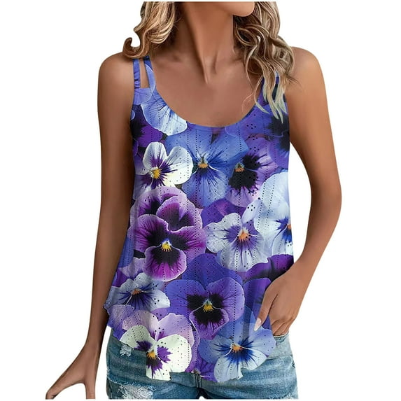 2024 Womens Summer Tank Tops Flower Print Top Women Spaghetti Straps Sexy Pleated T-Shirts Sleeveless Vest Women's Round Neck Tank Top Casual Comfortable T Shirts