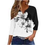 2024 Womens Summer Tops Cute V Neck Shirts 3/4 Length Sleeve Blouses Loose Fit Dressy Tunics Graphic Tees