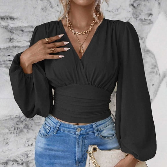 2024 Womens Tops Elegant Wrap Blouse V Neck Work Shirts Fall Fashion Long Sleeve Dressy Casual Ruched Top Exercise Top Women Tee Shirts for Women Loose Fit Tee Shirt Women Long Bulk Womens Tops Thick