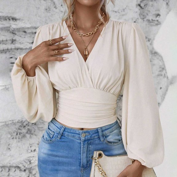 2024 Womens Tops Elegant Wrap Blouse V Neck Work Shirts Fall Fashion Long Sleeve Dressy Casual Ruched Top Lace Tunic plus Womens Lace Top Women Shirts And Tops Dress Shirt for plus Size Women Lace