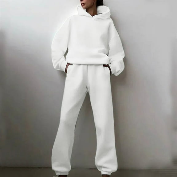 2024 Womens Tracksuit Casual Long Sleeve Solid Hooded Sport Suit Hooded Sweatshirt With Pocket Loose Fit Pullover Drawstring Hoodie Sets Pant Set Romper for Women Dressy after Wedding Outfit for Bride