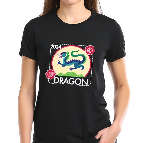 2024 Year of the Dragon Cotton Short Sleeve T-Shirt with Vibrant Dragon & Roses Design
