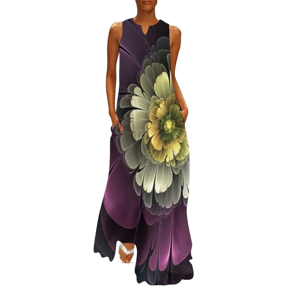 2024 Yellow Flower Dress Sunflower Print Cute Maxi Dress Korean Fashion Casual Long Dresses Summer Sleeveless Clothing Big Size 4XL