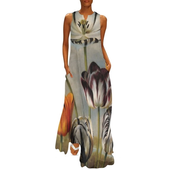 2024 Yellow Flower Dress Sunflower Print Cute Maxi Dress Korean Fashion Casual Long Dresses Summer Sleeveless Clothing Big Size 4XL