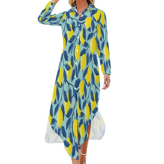 2024 Yellow Lemon Print Casual Dress Watercolor Fruit Pattern Street Fashion Dresses Long Sleeve Beach V Neck Graphic Chiffon Dress