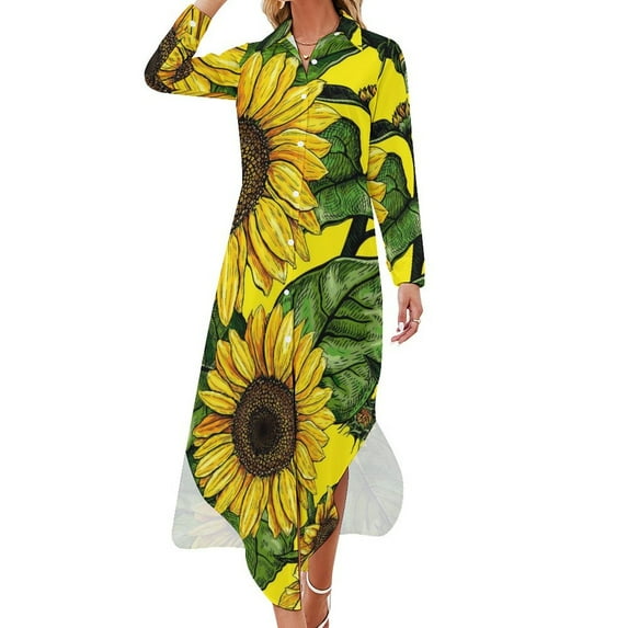 2024 Sunflower Print Chiffon Dress Yellow Gerbera Flowers Festival Dresses Long Sleeve Stylish V Neck Design Oversize Casual Dress