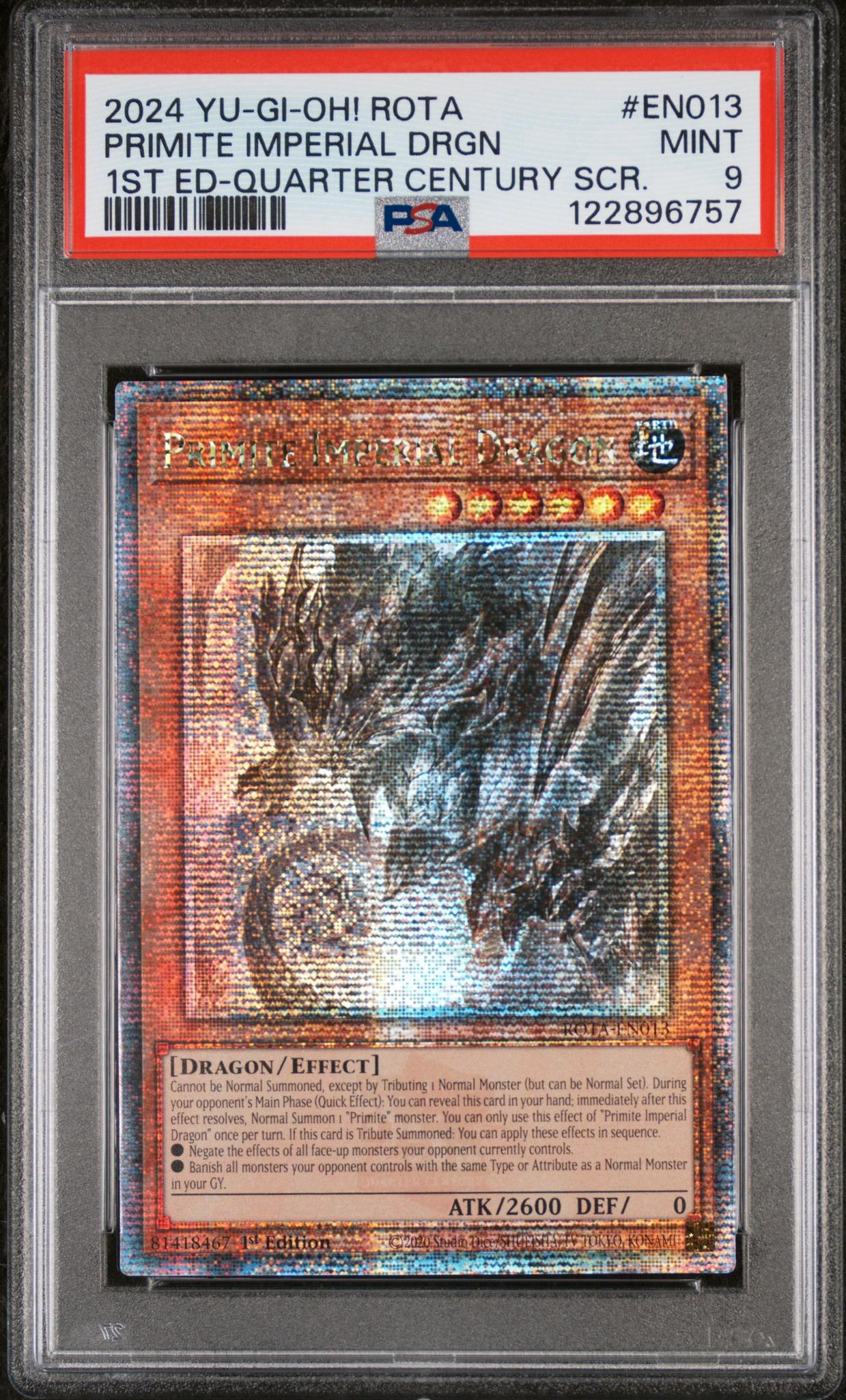 2024 Yu-Gi-Oh! Rota-Rage of the Abyss 1st Edition-Quarter Century Secret Rare Primite Imperial Dragon #EN013 PSA 9