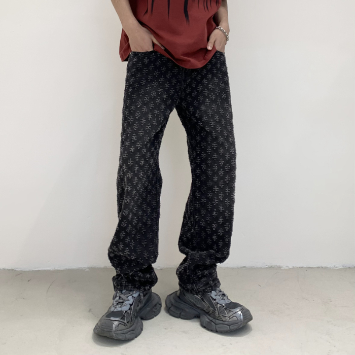 2024 men's street Latest designer Pattern Jacquard Jeans Looser Hollow