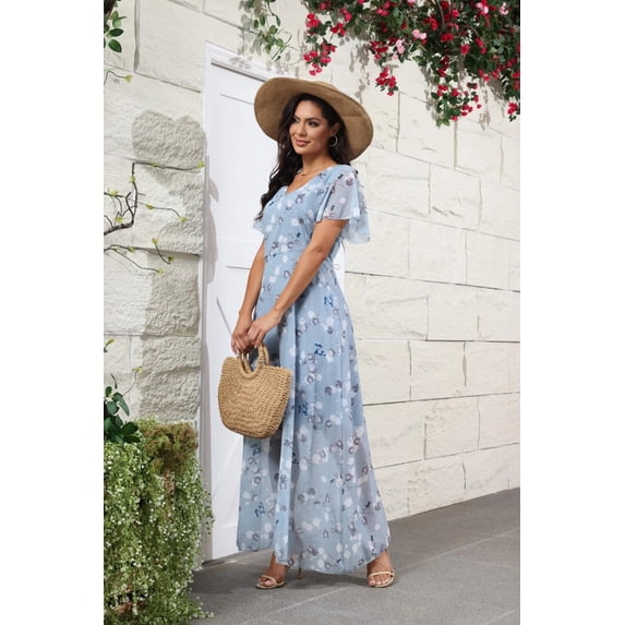 2024 spring and summer new Women's Swing Long Dress Chiffon Floral Short Sleeves Ruffle V Neck Fashion Waist Flowy Dress