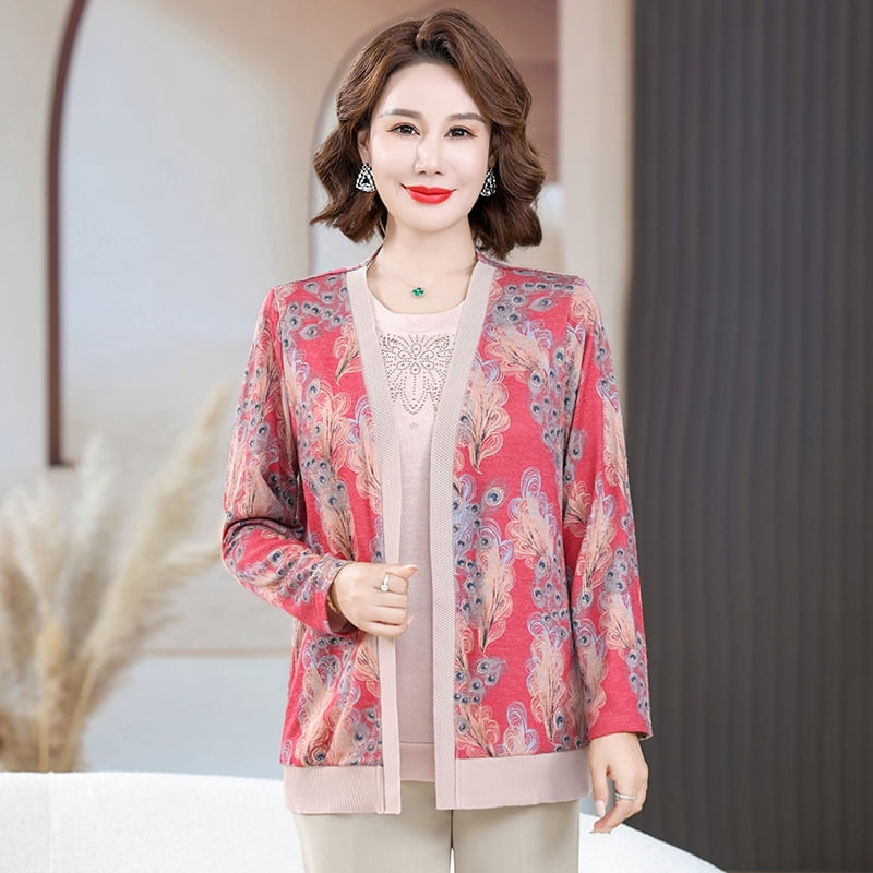 2024 spring new middleaged and elderly women‘s top 2piece cardigan