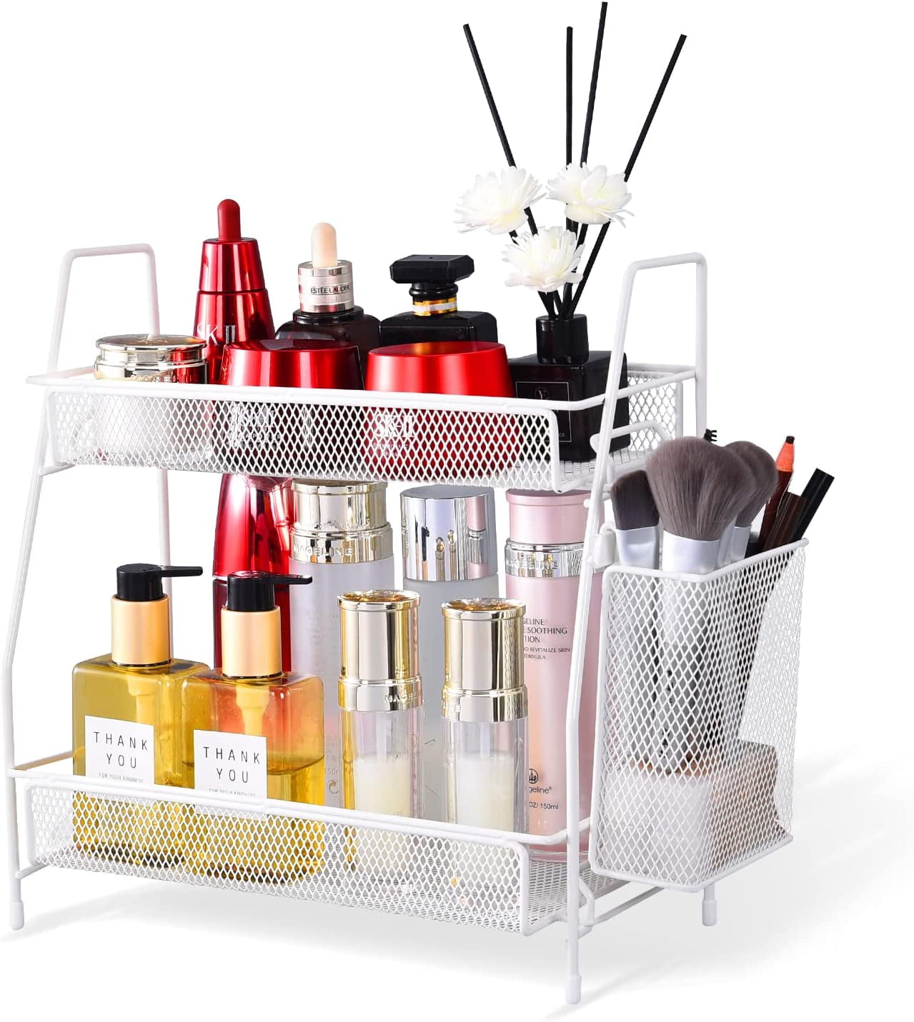 White Floral Bathroom Countertop Tray Organizer – 3-Compartment Vanity Tray, Water-Resistant