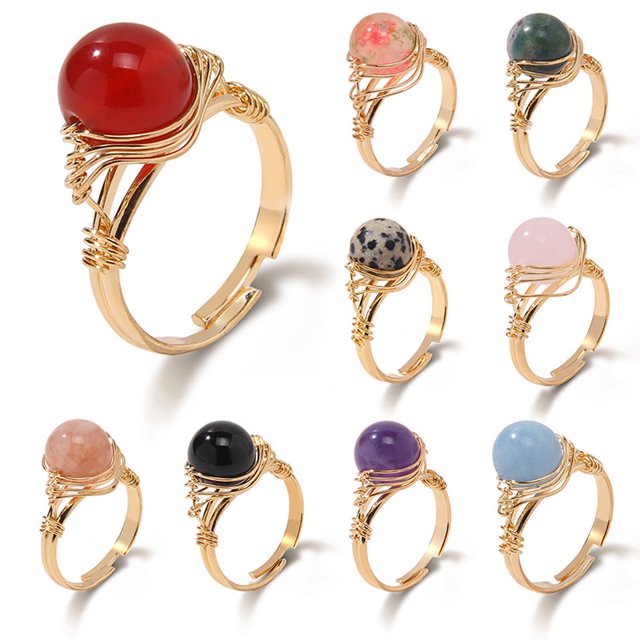 2024 weimeiy hot Fashion Round Bead Ring Natural Agates Stone Beaded