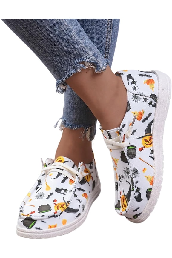 Women's fashion Halloween shoes pumpkin print canvas low-top sneakers, thick-soled slip-on flat loafers for girls