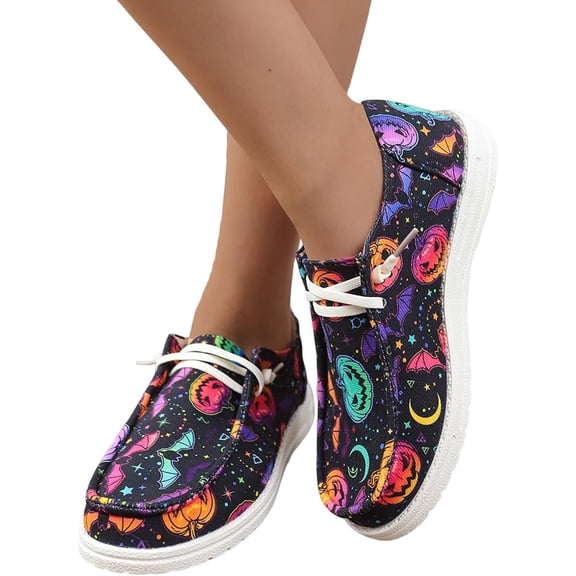 Women's fashion Halloween shoes pumpkin print canvas low-top sneakers, thick-soled slip-on flat loafers for girls