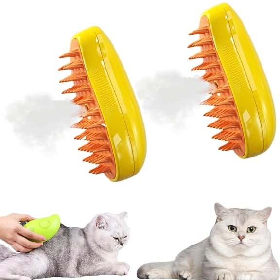 2024New 3 In1 Cat Steamy Brush, Steamy Cat Brush, Self Cleaning Steam Cat Brush, Cat Steamer Brush for Massage, Cat Hair Brush for Removing Tangled and Loosse Hair (2Yellow)