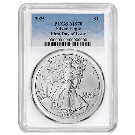 2025 $1 1-oz American Silver Eagle PCGS MS70 FDOI Blue Label White Frame