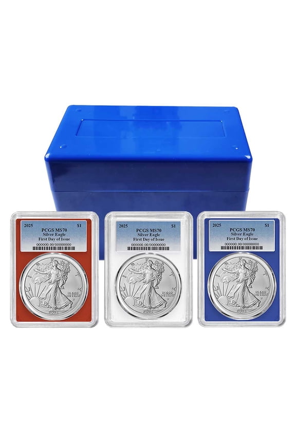 2025 $1 American Silver Eagle 3pc Set PCGS MS70 FDOI Blue Label Red White Blue