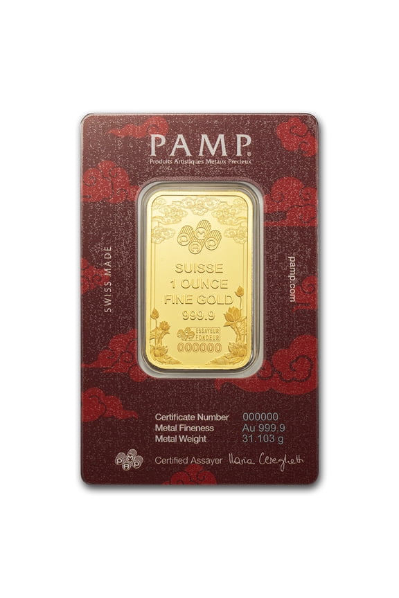 2025 1 oz Gold Bar PAMP Good Luck Yellow Dragon w/ Assay - WM