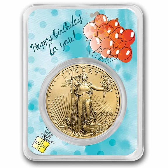 2026 1 oz Gold Eagle - w/Happy Birthday, Balloons Card, In TEP