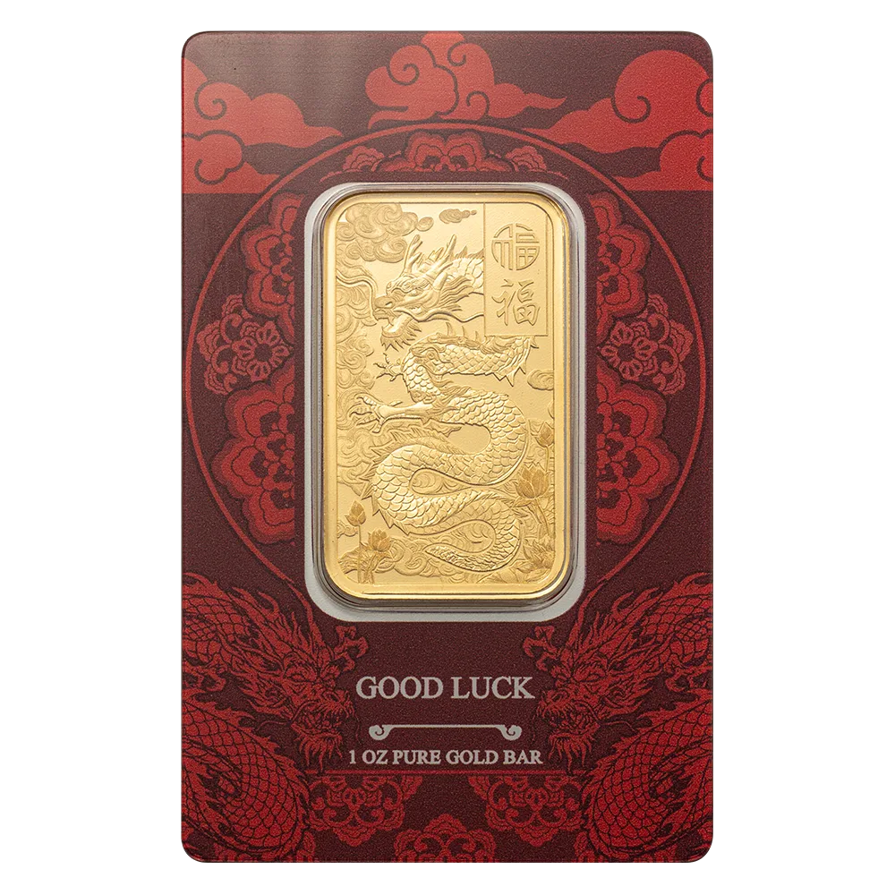1 oz PAMP Suisse Good Luck Yellow Dragon Gold Minted Bar (in Assay)