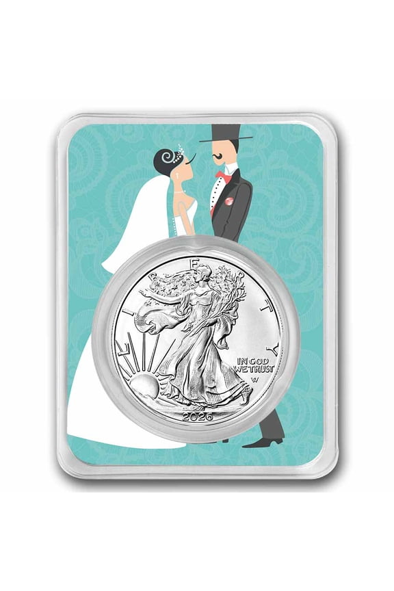 2026 1 oz Silver Eagle - w/Bride & Groom, Aqua Blue Card, In TEP
