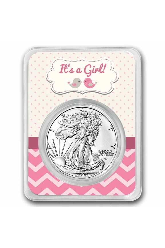 2026 1 oz Silver Eagle - w/"It's A Girl", Baby Birds Card, In TEP