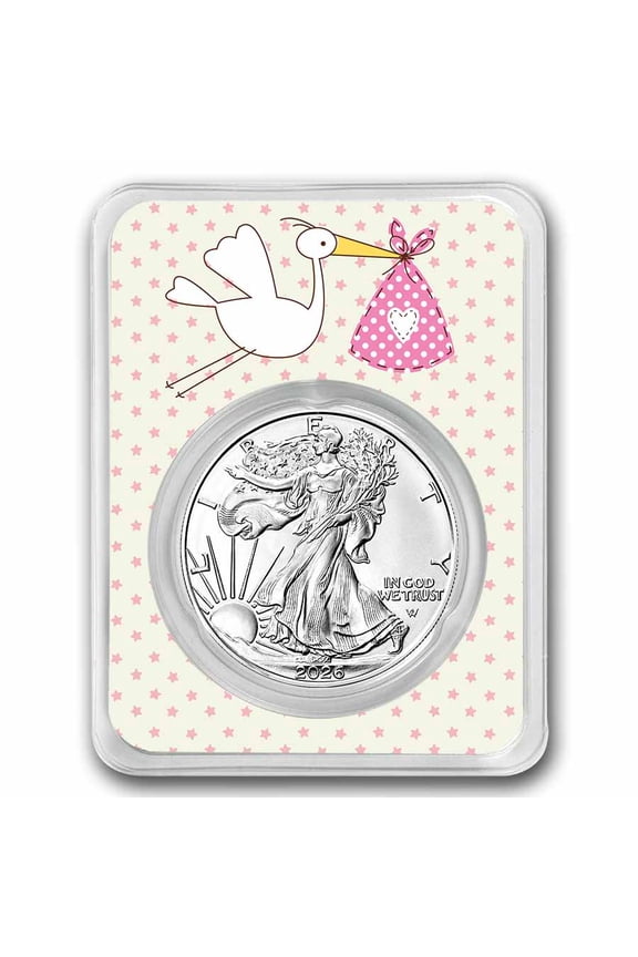 2026 1 oz Silver Eagle - w/"It's A Girl", Stork Card, In TEP