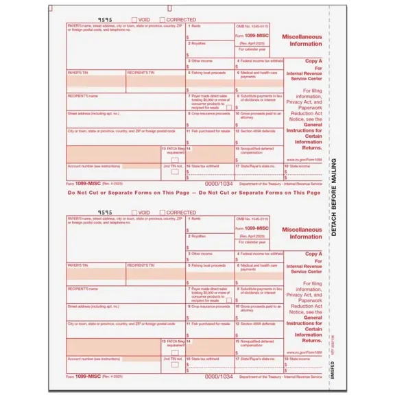 2025 1099-MISC 2up Federal Copy A for 10 Vendors and 1096 Transmittal Form