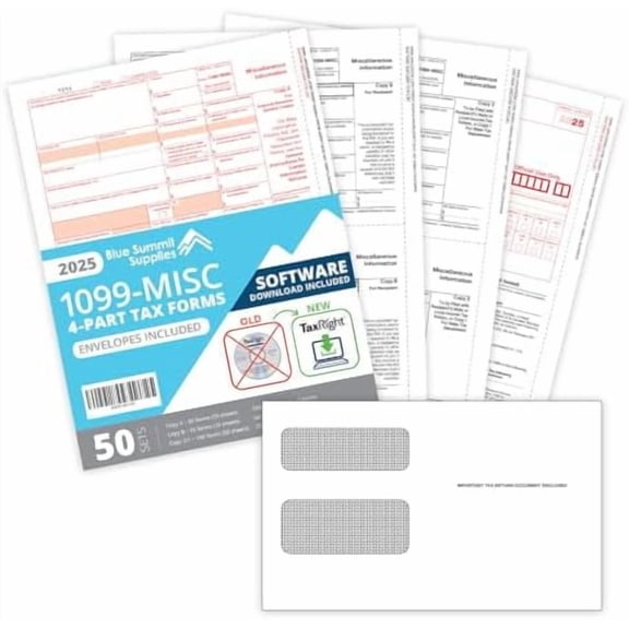 2025 1099 MISC Forms with TaxRight Software (Formerly Known as TFP), 50 Vendor Kit of Laser Forms, Designed for QuickBooks, TaxRight Download and 50 Self Seal Envelopes Included$$Office
