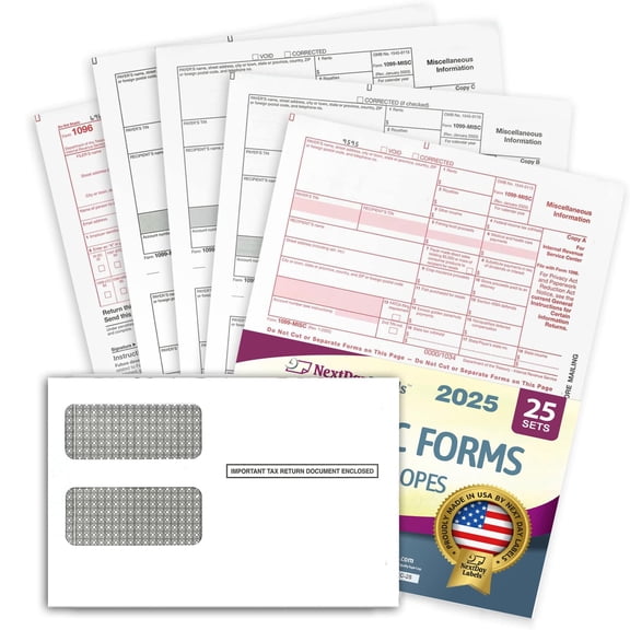 2025 1099 MISC Forms with Envelopes, 25 Laser Forms and 25 Self-Seal Envelopes, Designed for Accounting Software