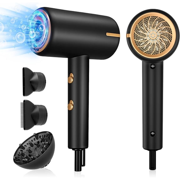 2025 1600W Ionic Hair Dryer, Professional Negative Ion Hair Blow Dryer with Diffuser &2 Nozzles for Curly Hair, Powerful AC Motor, 3 Heating/2 Speed/Cold Settings for Women Men Kids Salon(Black)