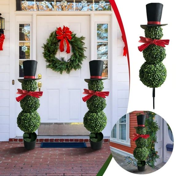 2025 2 Pack Christmas Snowman Topiary Stakes Outdoor, 31.5In Artificial Snowman Shaped Topiary Tree Po twith Red Bow Santa Hat, Boxwood Topiaries for Porch Yard Lawn Garden Holiday Decor