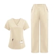 thumbnail image 1 of 2025 2 Pcs Scrubs for Women Set Plus Size Stretchy Medical Uniformes Scrubs Set Solid V Neck Tops & Wide Leg Cargo Pants Beige XXL, 1 of 4