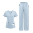 thumbnail image 1 of 2025 2 Pcs Scrubs for Women Set Plus Size Stretchy Medical Uniformes Scrubs Set Solid V Neck Tops & Wide Leg Cargo Pants Light Blue L, 1 of 4