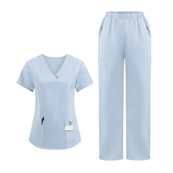 2025 2 Pcs Scrubs for Women Set Plus Size Stretchy Medical Uniformes Scrubs Set Solid V Neck Tops & Wide Leg Cargo Pants Light Blue L