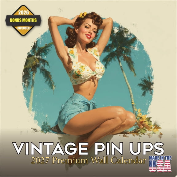 MegaCalendars 2026-2027 Vintage Glamour Pin Up Wall Calendar, 12x12 Bonus Month Monthly Planner, Made in USA