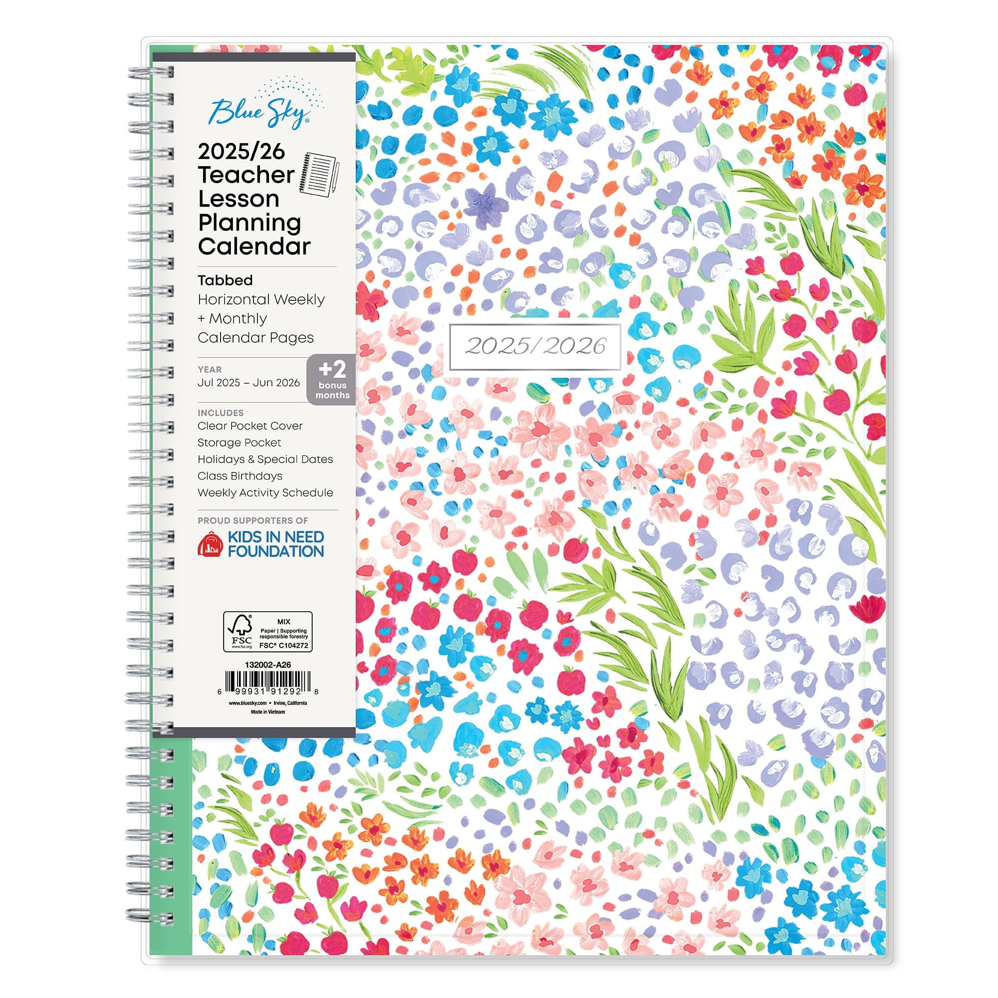 Blue Sky 2025-2026 Weekly and Monthly Academic Year Teacher Lesson Planner Calendar, July 2025 - June 2026, 8.5" x 11", Flexible Cover, Wirebound, Laminated Tabs, Storage Pocket, Ditsy Dapple Light