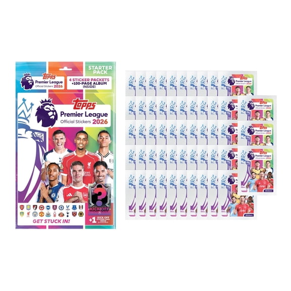 2025-26 Topps Premier League Stickers - 50 Packs & Mega Starter Pack Set (Album + 349 Stickers)