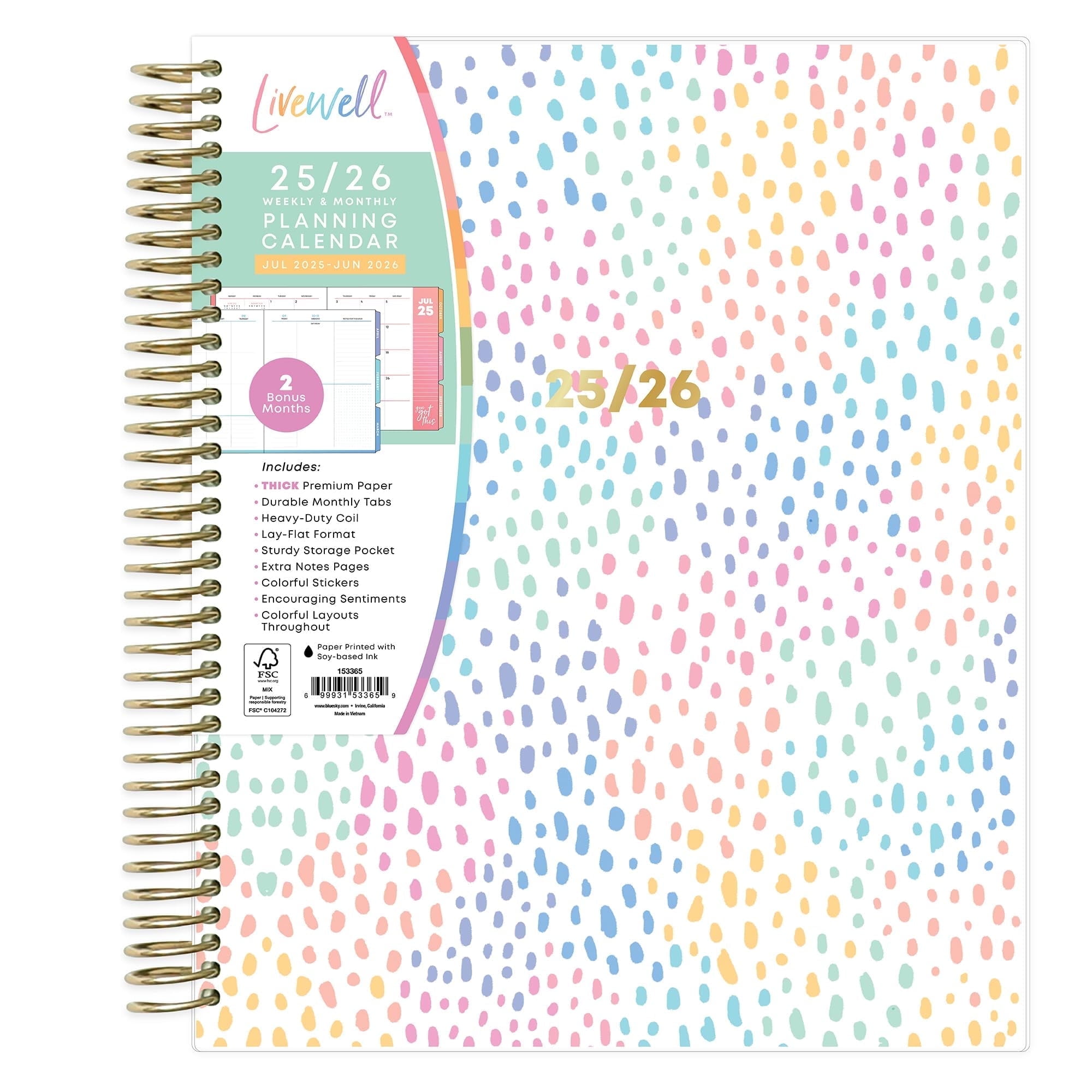 LiveWell, Weekly Monthly Planner, 7x9, Rainbow, July 2025-June