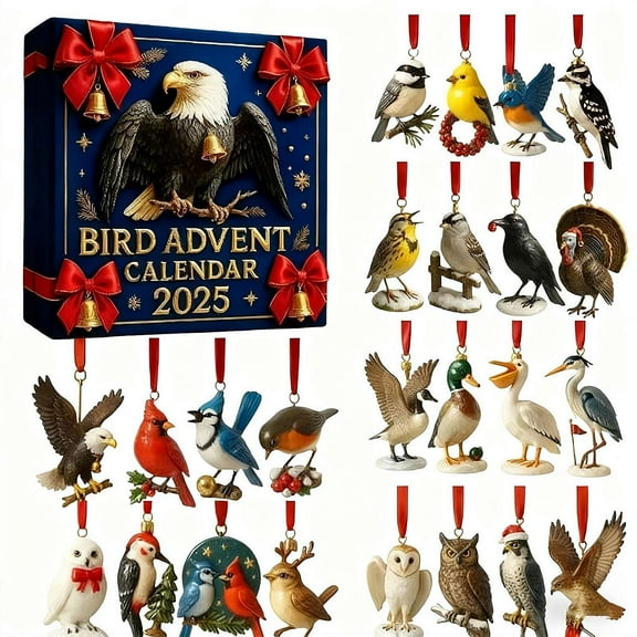2025 2D Acrylic Bird Advent Calendar, 24-Day Countdown, Unique Hanging Christmas Tree Decorations for Bird Lovers