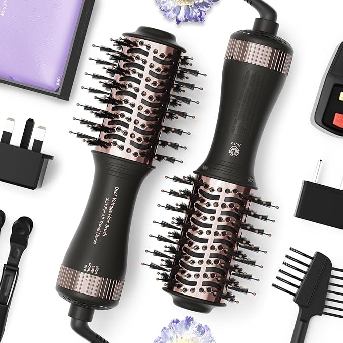 2025 4-in-1 Dual Voltage Travel Hair Dryer Brush – Mini Hot Air Straightener & Curler with Titanium Barrel(Black)