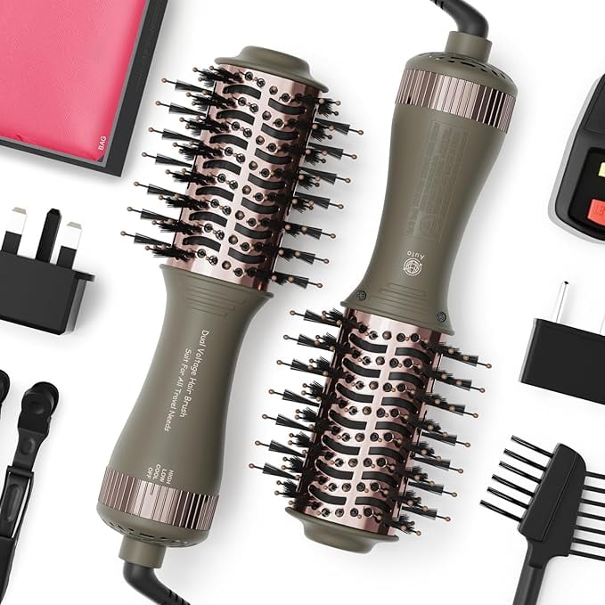2025 4-in-1 Dual Voltage Travel Hair Dryer Brush – Mini Hot Air Straightener & Curler with Titanium Barrel(Gold)