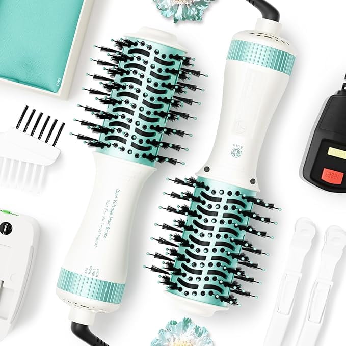 2025 4-in-1 Dual Voltage Travel Hair Dryer Brush – Mini Hot Air Straightener & Curler with Titanium Barrel(Green)