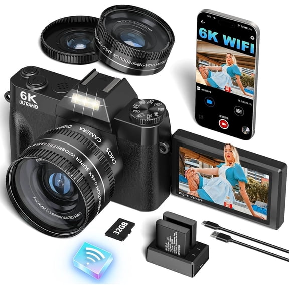 2025 6K Digital Camera for Photography 64MP Vlogging Camera for YouTube with WiFi, 180?Flip Screen, 16X Digital Zoom, 52mm Lens, 32GB SD Card, 2 (Black)