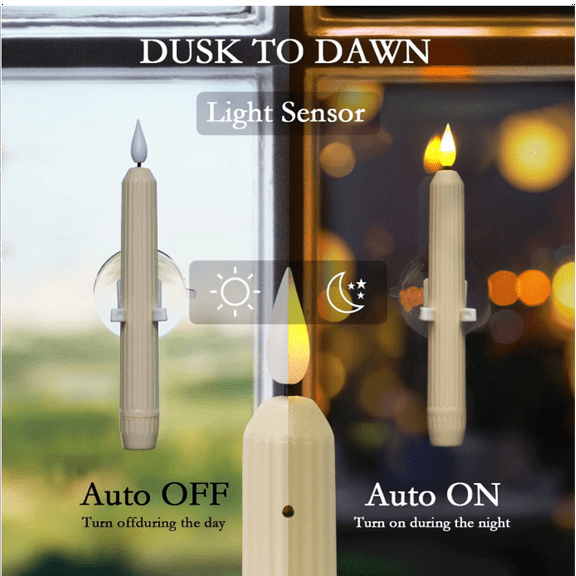 2025 6Pcs Window Candles with Sensor Battery Operated LED Dusk to Dawn Window Candle with Amber Steady On or Flicker Flame, Black Holders Pack of 6
