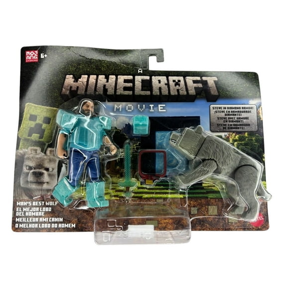 2025 A Minecraft Movie Diamond Armor Steve & Wolf 4" Figure 2 Pack! Jack Black