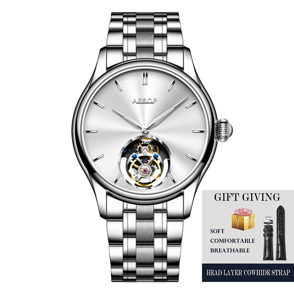 2025 AESOP 100% Tourbillon Mechanical Watch For Men Silver Steel Belt BUSINESS Fashion Mens Watches Manual Mechanical Waterproof