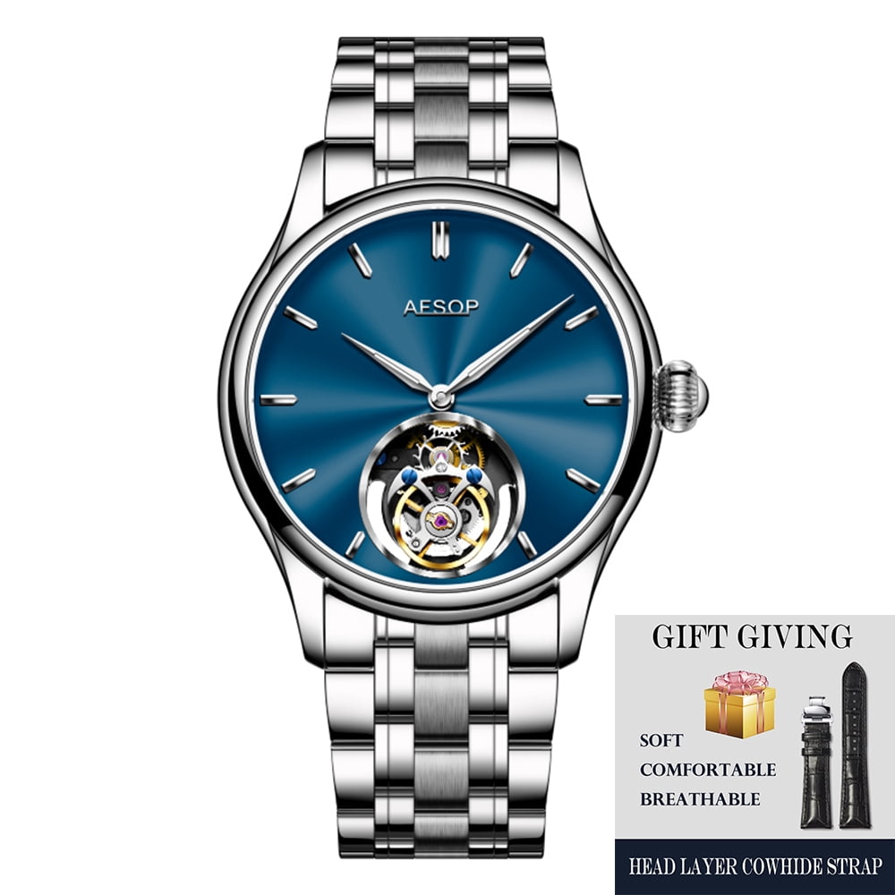 2025 AESOP 100% Tourbillon Mechanical Watch For Men Silver Steel Belt BUSINESS Fashion Mens Watches Manual Mechanical Waterproof