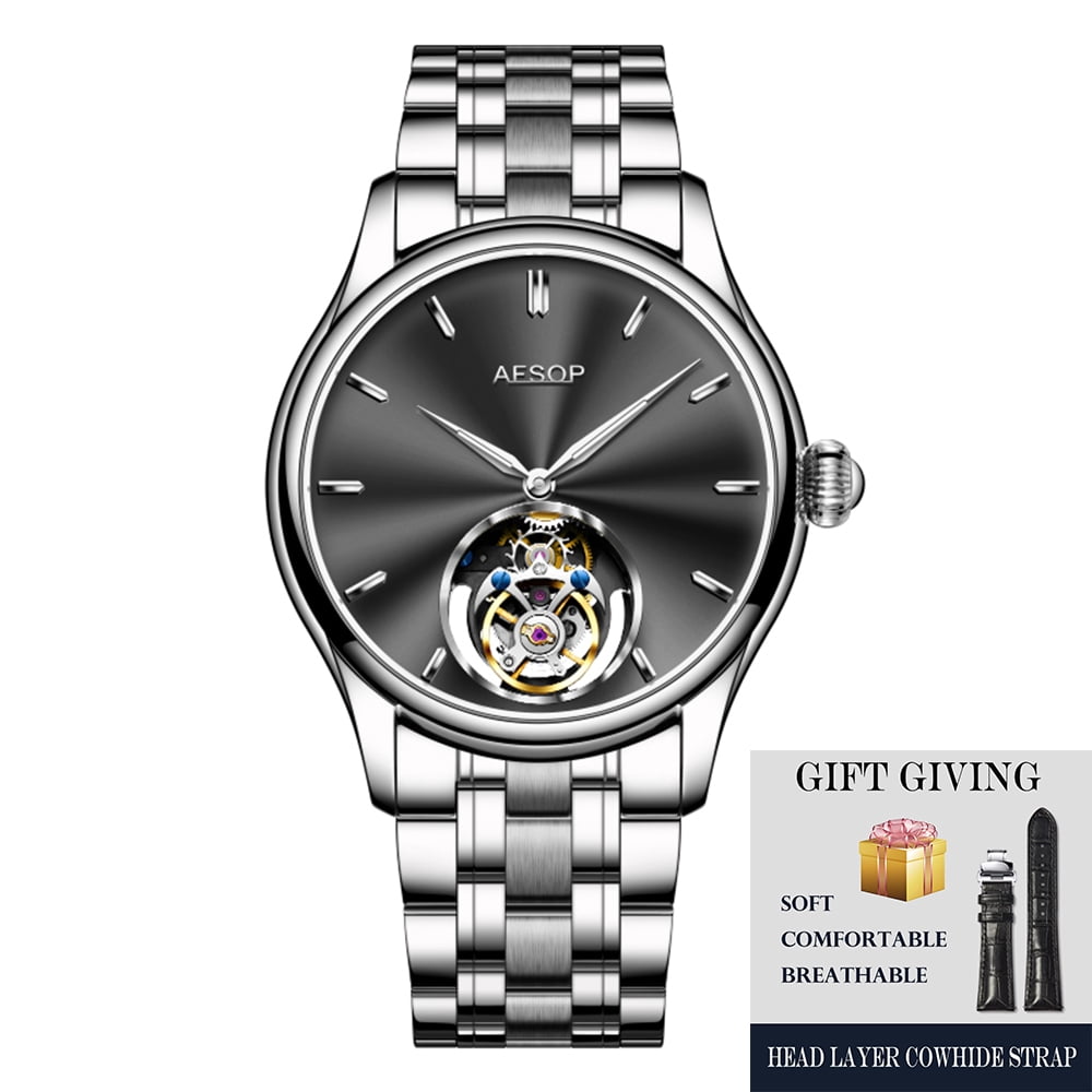 2025 AESOP 100% Tourbillon Mechanical Watch For Men Silver Steel Belt BUSINESS Fashion Mens Watches Manual Mechanical Waterproof